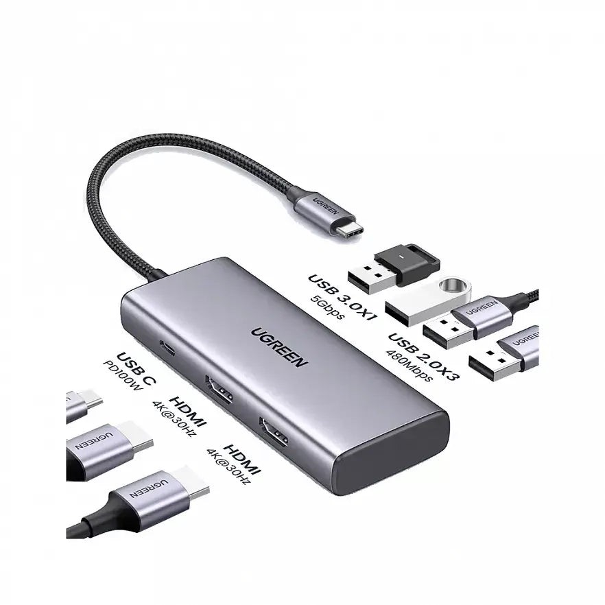 Ugreen 7 In 1 Usb C Multifunctional Adapter, 2*Hdmi, 2*Usb A 3.0, 3* Usb A 2.0, 1*100W PD (35897)