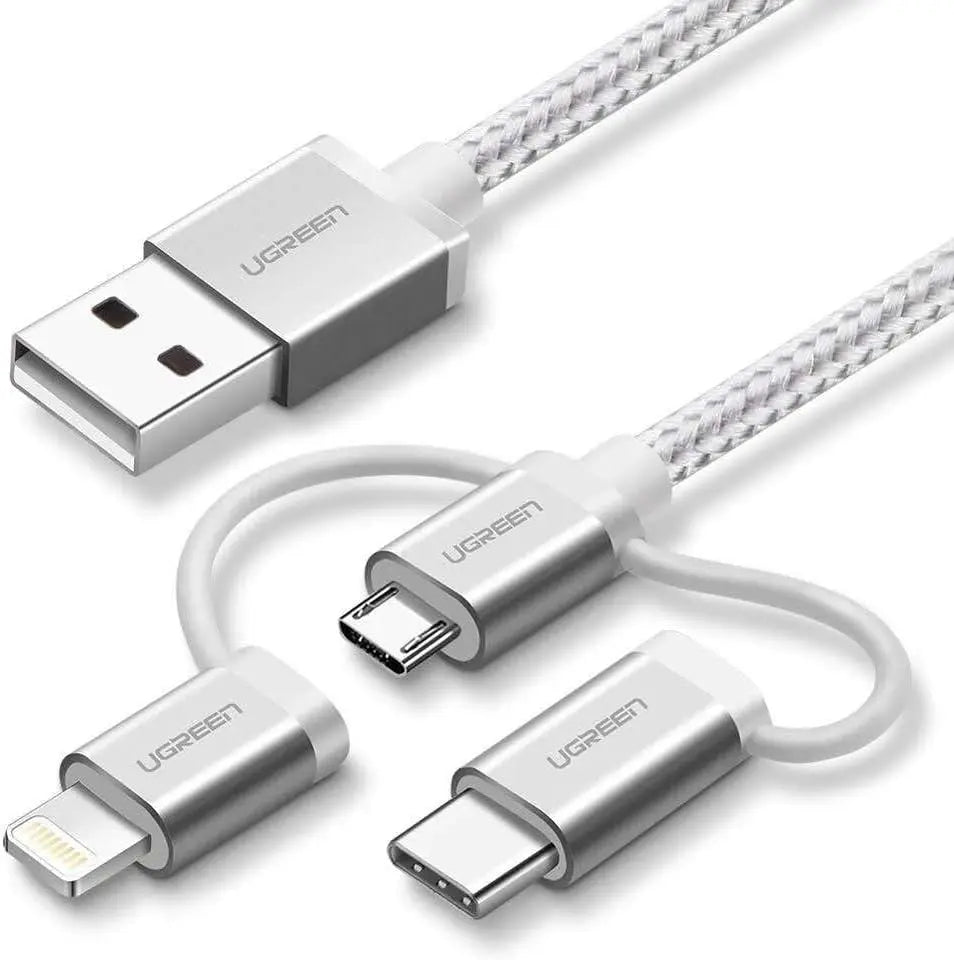 Ugreen 1.5M 3 In 1  USB 2.0 Multifunction Cable With Braid, Usb A to Usb C/ Lightning/ Micro Usb Cable, Silver(50203)