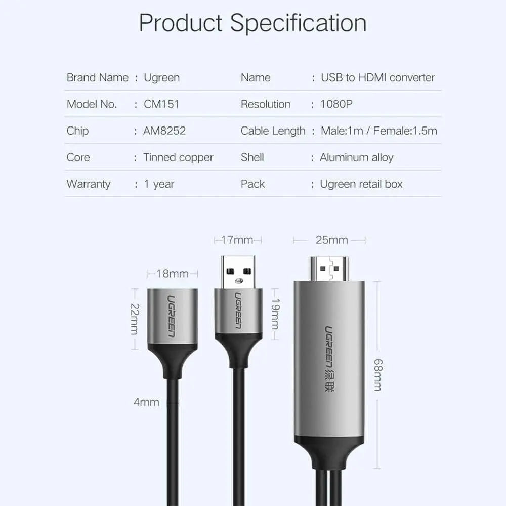 1.5m USB A Female to HDMI Male Digital AV Adapter 50291 Ugreen India