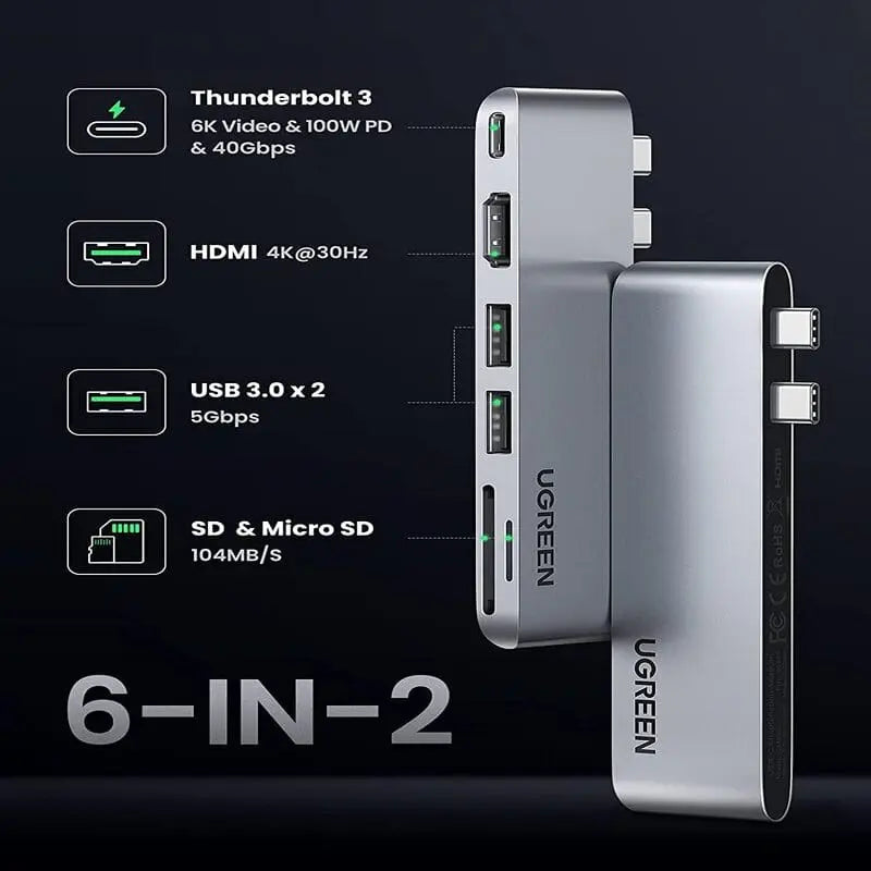 UGREEN 6 In 2 USB C Hub Adapter for MacBook Pro MacBook Air M1 2020 2019 2018 with 4K HDMI Thunderbolt 3 100W Power Delivery SD TF Card Reader and 2 USB 3.0 Ports - Silver (80856) - Ugreen India UGREEN 6 In 2 USB C Hub Adapter for MacBook Pro MacBook Air M1 2020 2019 2018 with 4K HDMI Thunderbolt 3 100W Power Delivery SD TF Card Reader and 2 USB 3.0 Ports - Silver (80856)