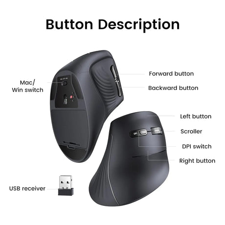 UGREEN Vertical Ergonomic Mouse Wireless (Bluetooth 5.0+2.4G) with 5 Buttons, 1000/16000/2000/4000 DPI, Prevention of Mouse Arm Compatible with PC/Laptop/Tablet, Black (25444)