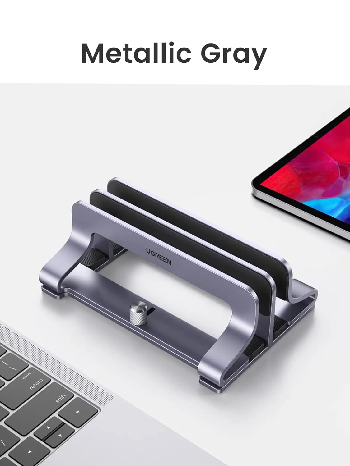 UGREEN Vertical Laptop Stand for Desk Dual Slot Laptop Stand Holder Adjustable Dock Aluminum Desktop Stand Compatible for MacBook Air Pro, Microsoft Surface Laptop 4, LG Gram 17, Lenovo Yoga 7i, Grey (60643)