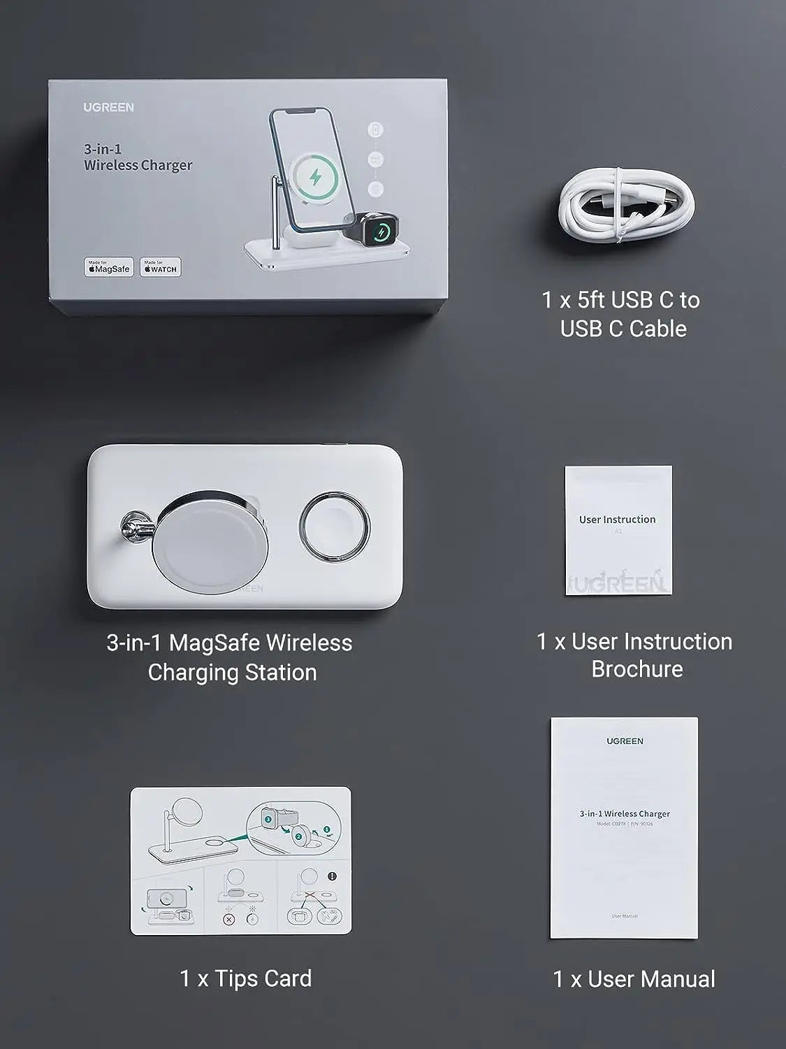 UGREEN 3-In-1 25W MagSafe Wireless Charging Station Or Magnetic Charger - White (90326) - Ugreen India