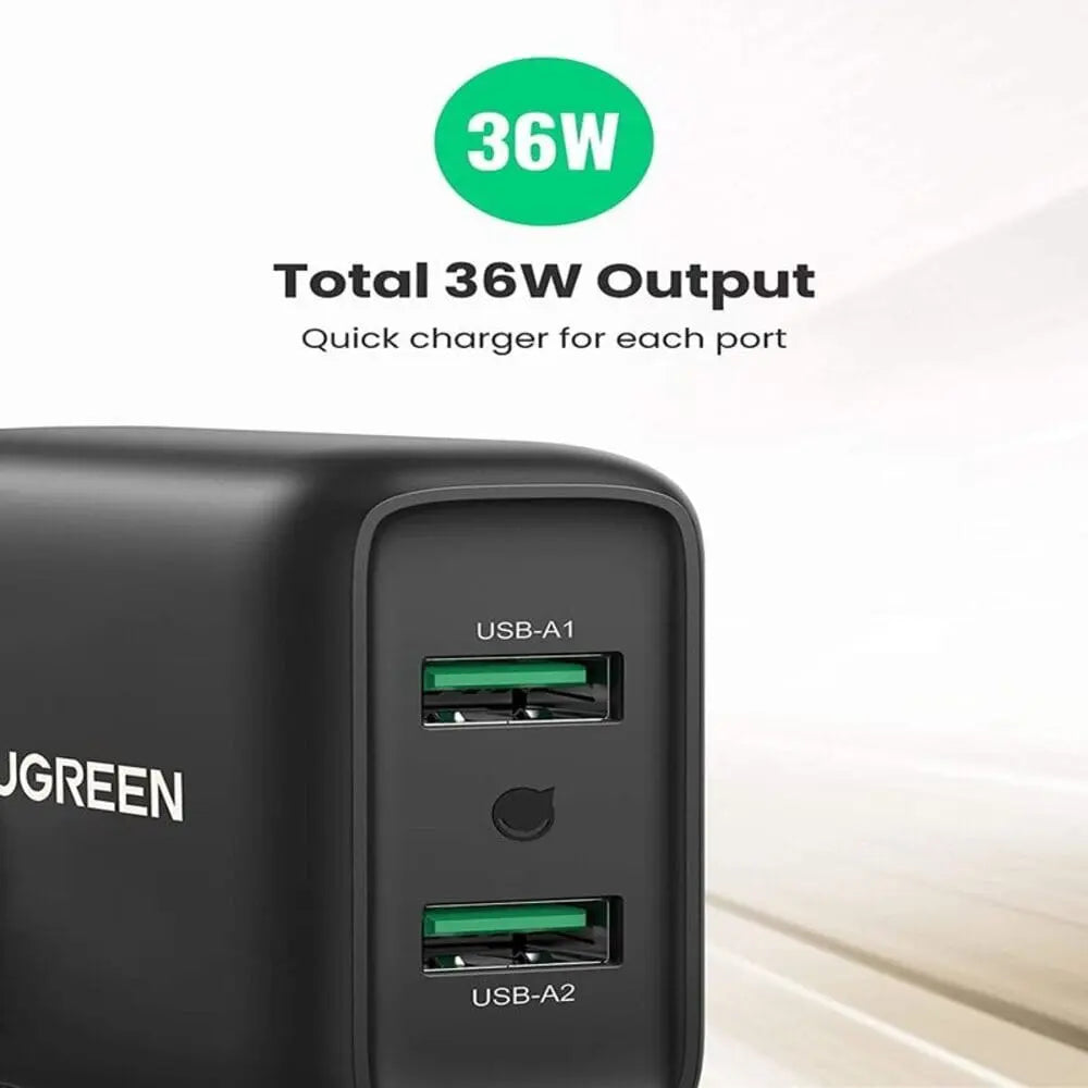 UGREEN 36W 2 Port USB Charger (EU), QC 3.0 Charging Compatible with Galaxy S10e S10 S9 S8 A51 A50 A40 A20e M20, Sony Xperia 10, Redmi Note8 Pro, Huawei P30 lite etc. (10216) - Ugreen India