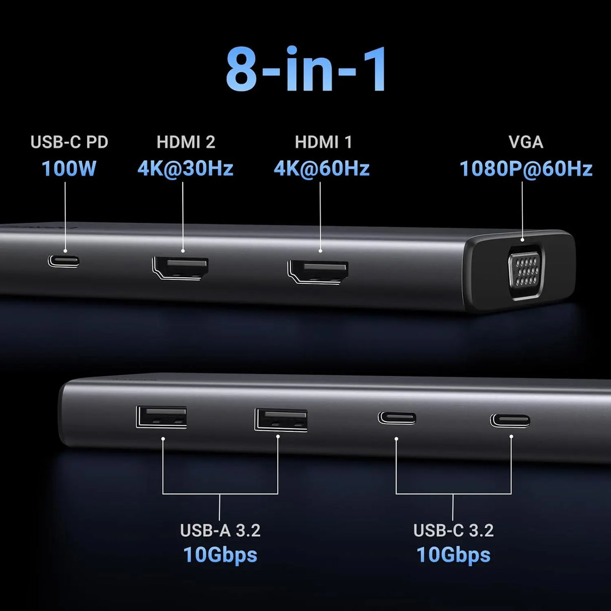 UGREEN 8 in 1 USB C 4K Docking Station Dual Monitor, Triple Display USB C Hub with 2 HDMI, VGA, 2 USB A&C 3.2 Ports, 100W PD, Dock Compatible for MacBook, Dell, HP, Lenovo, Surface etc (35588)