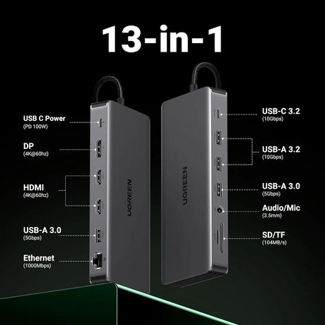 UGREEN 13 in 1 USB C 4K Triple Display Multifunctional Adapter Dual HDMI, DP, 4 Usb A Ports, Usb C Port, 100W PD, 1Gbps Ethernet, SD/TF Card Reader, Audio for Dell XPS ThinkPad and More. (15978) - Ugreen India