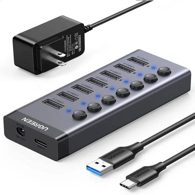 UGREEN 7 Port USB 3.0 Hub(EU) With Independent Switch and 24W Power Supply (12 V/2 A) for Charging and Data Transfer,Compatible with MacBook, Surface Pro7,Notebook and Other Laptops (90307) - Ugreen India