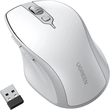 UGREEN Ergonomic 5 Buttons Silent 2.4G Wireless Bluetooth 5.0 Optical Mouse With USB Receiver, 4000 DPI Compatible for MacBook, PC, Desktop, Chromebook - White (15805) - Ugreen India