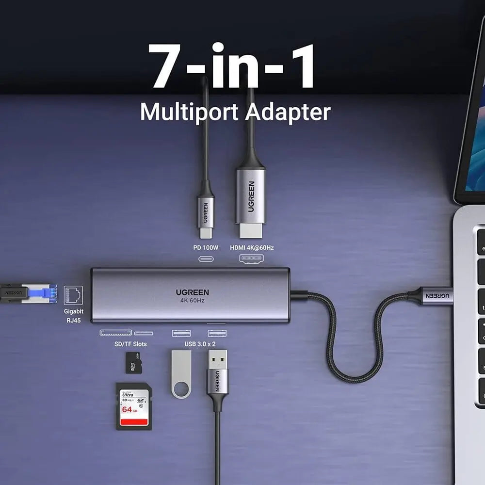 Ugreen 7 In 1 Multi-Functional Adaptor With 4K@60Hz HDMI, Gigabit Ethernet, 2*USB 3.0 Ports, 100W Power Delivery, SD/TF Card Reader For MacBook Dell Surface HP, and More (60515) - Ugreen India