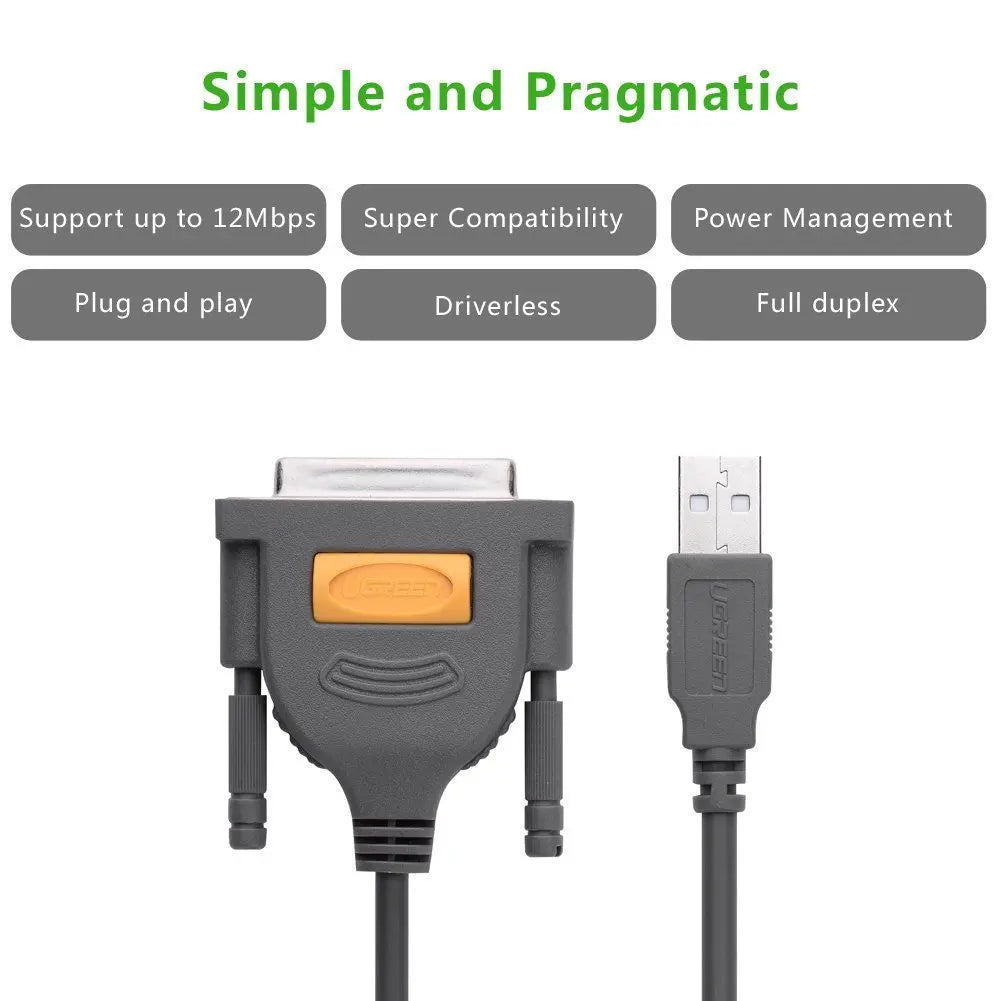 Ugreen 2m USB 2.0 Male To DB25 Female Parallel Printer Adapter Cable For Printer, Inkjet, Laser etc.- Gray (20224) - Ugreen India