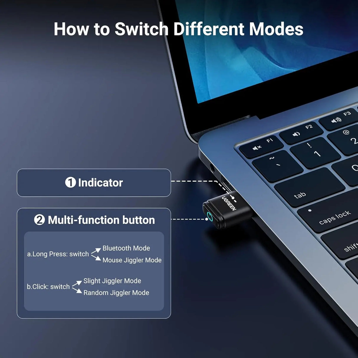 UGREEN Bluetooth 5.4 Adapter & Undetectable Mouse Jiggler, USB Bluetooth Dongle for Computer Laptop, USB Mouse Mover with Switch Button, Mouse Wiggler with 2 Jiggle Modes, Plug and Play (35994)