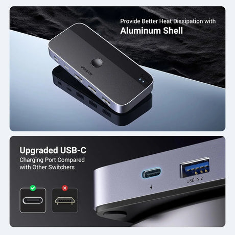 UGREEN USB 3.0 Switch 2 Computer Sharing USB C & A Devices, 4 Port USB Switcher Sharing Keyboard and Mouse, Printer/Scanner USB Switch Hub for Two Computers with 2 USB3.0 Cables and Remote (15705) - Ugreen India