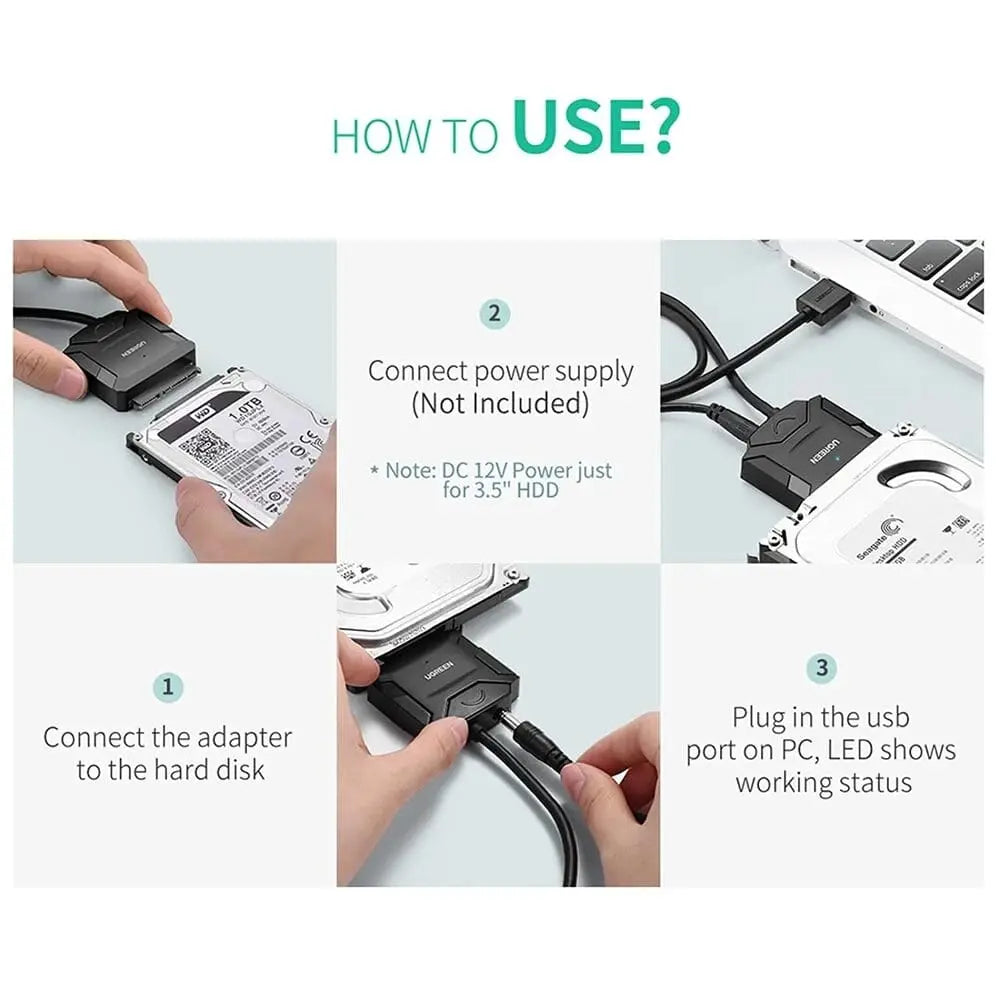 UGREEN USB 3.0 to SATA Converter Adapter Cable for 2.5"/3.5" SATA HDD/SSD, BLU-RAY DVD, CD-ROM, DVD-ROM, CD-RW, No Switching Adapter (20611) - Ugreen India