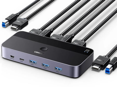 Ugreen 2 In 1 USB 3.0 KVM Switch HDMI with 3 USB + 1 Type-C Ports, USB Switch 2 Port 4K@60Hz for 2 Computers Sharing Keyboard Mouse USB C Hard Drives, Printer with 2 USB Cables, 2 HDMI Cables and Controller etc. (15707) - Ugreen India