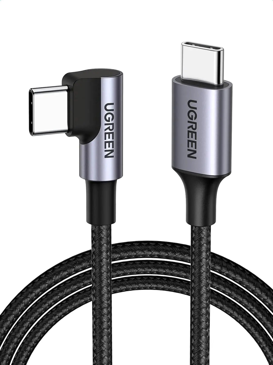 Ugreen 1m USB-C Male To Angled USB2.0-C Male 60W Round Cable Aluminum Shell Nickel Plating Nylon Braided- Gray/Black (50123) - Ugreen India