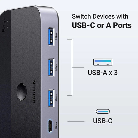 UGREEN USB 3.0 Switch 2 Computer Sharing USB C & A Devices, 4 Port USB Switcher Sharing Keyboard and Mouse, Printer/Scanner USB Switch Hub for Two Computers with 2 USB3.0 Cables and Remote (15705) - Ugreen India