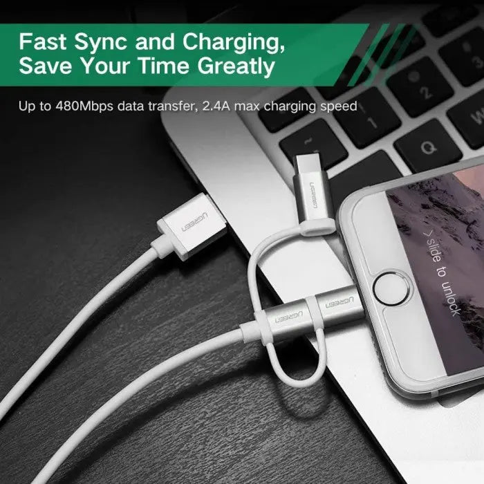 Ugreen 1.5M 3 In 1  USB 2.0 Multifunction Cable With Braid, Usb A to Usb C/ Lightning/ Micro Usb Cable, Silver(50203)