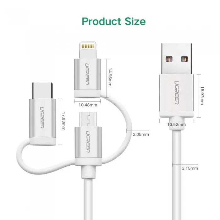 Ugreen 1.5M 3 In 1  USB 2.0 Multifunction Cable With Braid, Usb A to Usb C/ Lightning/ Micro Usb Cable, Silver(50203)