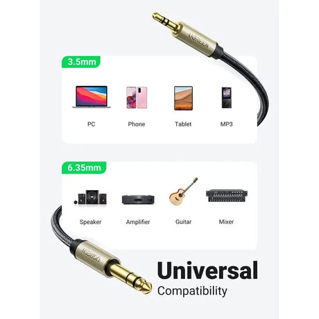 UGREEN, 3.5mm TO 6.35mm MALE CABLE OD 4. 5 (1M) 24K 15U CONNECT INSTRUMENTS and AUDIO EQUIPMENT Digital/ Analogue Signals( 10625) - Ugreen India