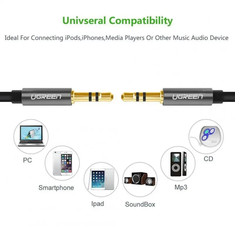 Ugreen 1m  3.5mm Male to 3.5mm Male Audio Cable 24k Gold-Plated With Aluminum Shell (10733) - Ugreen India