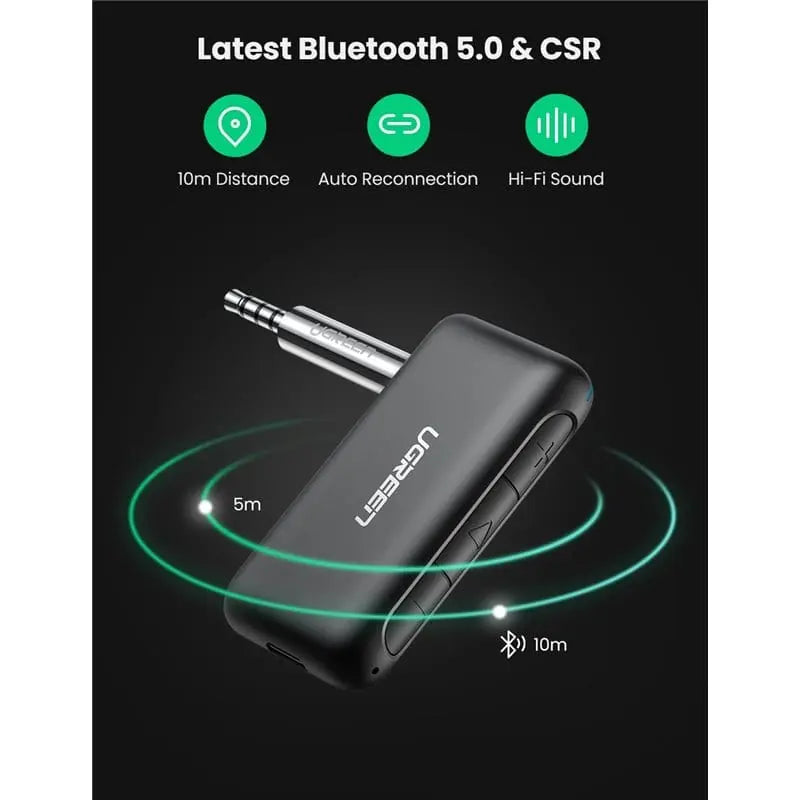 UGREEN Portable Wireless Bluetooth 5.0 Receiver For Car 3.5mm Aux Stereo Output Built-in Microphone For Music Home Hi-fi System Speaker, Headphones, Hands-Free Car Kit ( 70303) - Ugreen India